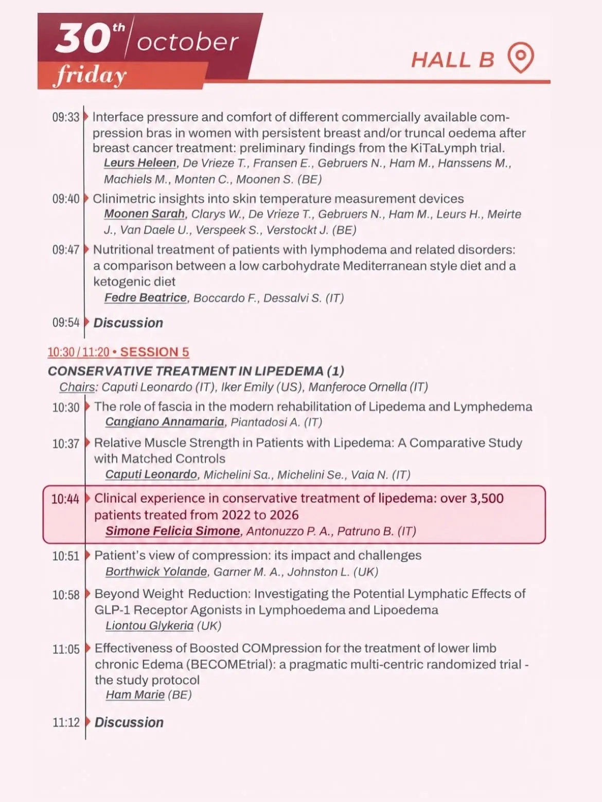 Programma del 30 ottobre 2026, Hall B, Sessione 5 Conservative Treatment in Lipedema: alle 10:44 l'intervento di Simona Simone sull'esperienza clinica nel trattamento conservativo del lipedema